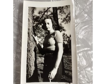 Vintage 1940s 1950s Black and White Photo Woman Posing by Pine Tree Snapshot Art