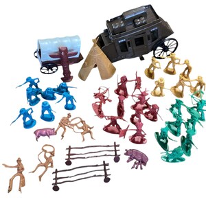 Vintage Processed Plastic Toys Wagon Teepee Accessories Cowboys Indians