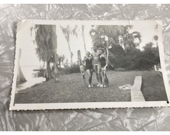 Vintage 1949 Water Skiing Photo Black White Snapshot Mid-Century Swimwear 3x4.5