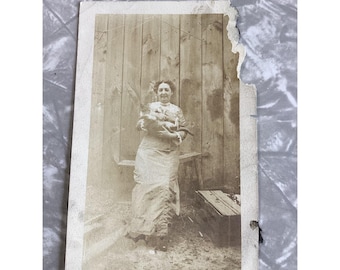 Antique Sepia Photo Woman Holding Cat Early 1900s Edwardian Vernacular Snapshot