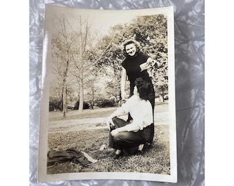 Vintage 1940s 1950s Black and White Photo Women in Park Candid Velox Snapshot