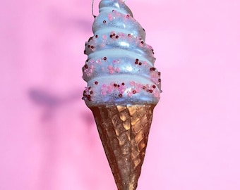 Beautiful Glass Pink Ice Cream Cone With Sprinkles Christmas Ornament