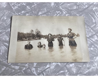 Antique 1900s Sepia Photo Family Swimming Lake Edwardian Swimwear 5.5x3.5