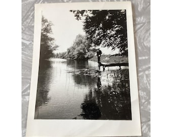 Vintage B&W Photo Man on Log River Michigan Farm Landscape Snapshot 3.5x4.5