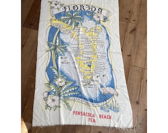 Vintage Florida Map Beach Towel Flamingo Hibiscus "Land of Sunshine"