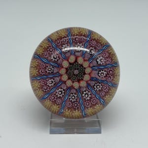 Perthshire PP1 1-1-2-2 Millefiori Canes Paperweight 12 Radial Spokes Pre-1978 Vintage Art Glass Pink Blue Yellow Collectible Scotland