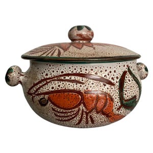 Soupière à poisson vintage française avec couvercle, style Vallauris, en faïence peinte à la main, décoration milieu du siècle