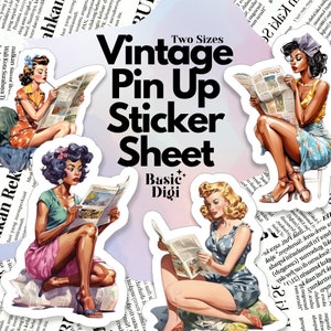 Hoja de pegatinas vintage retro pin-up: perfecta para diarios, planificadores y álbumes de recortes con diseños clásicos de pin-up.