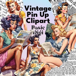 Vintage Pin Up Girl Clipart - Classic styled illustrations in PNG format. For digital scrapbooking and design projects.