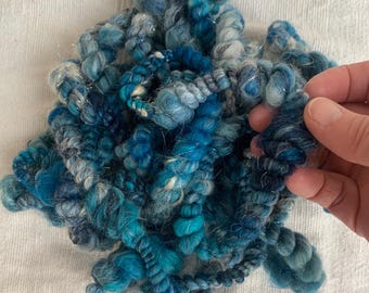 May include: A pile of blue, white, and teal yarn with a sparkly texture. The yarn is arranged in a loose, fluffy mound.