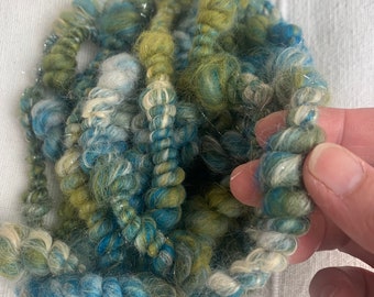 May include: A skein of yarn in shades of blue, green, and white. The yarn is fluffy and has a sparkly texture.