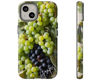 May include: A phone case featuring a vibrant image of green and purple grapes with green leaves. The word "Grapes" is written in a cursive font on the bottom right corner. The case is shown from the front and side.