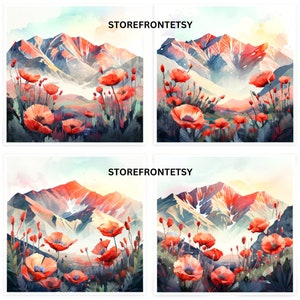Op de afbeelding: Vier vierkante aquarelprints met een berglandschap met rode klaprozen op de voorgrond. De bergen zijn geschilderd in tinten rood, oranje en blauw. De tekst "STOREFRONTETSY" is op elke afbeelding gedrukt.