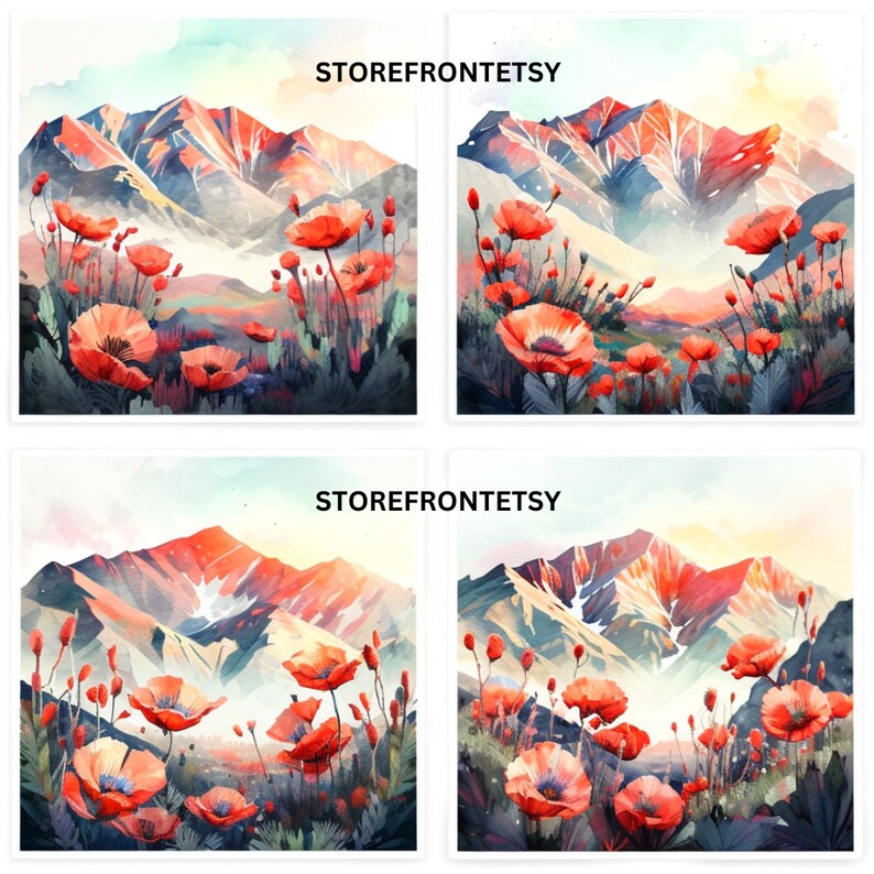 Op de afbeelding: Vier vierkante aquarelprints met een berglandschap met rode klaprozen op de voorgrond. De bergen zijn geschilderd in tinten rood, oranje en blauw. De tekst "STOREFRONTETSY" is op elke afbeelding gedrukt.