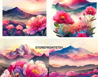20 AQUAREL PIOEN VELD clipart zon opkomst zonsondergang bergen, commercieel gebruik, instant download, png-formaat