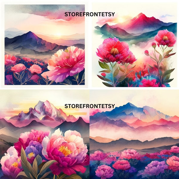 20 WATERCOLOR PEONY FIELD clipart sun rise sunset mountains, commercial use, instant download, png format