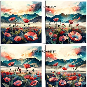 Op de afbeelding: Vier vierkante canvas prints met aquarel schilderijen van klaprozenvelden tegen een bergachtergrond. De klaprozen zijn rood met blauw en witte centra. De lucht heeft tinten van oranje, roze en blauw. De tekst "STOREFRONTETSY" is zichtbaar op twee prints.