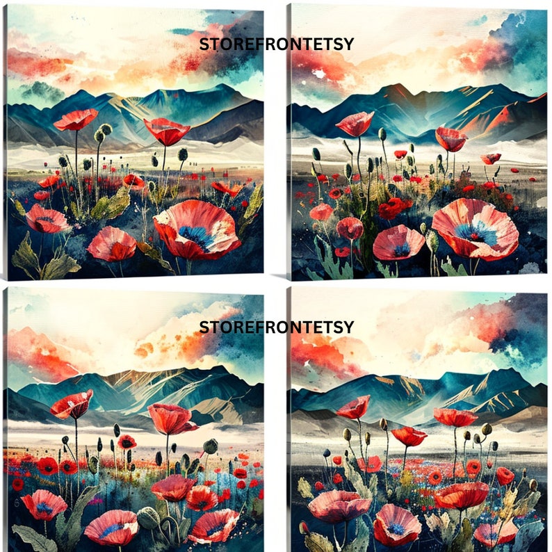 Op de afbeelding: Vier vierkante canvas prints met aquarel schilderijen van klaprozenvelden tegen een bergachtergrond. De klaprozen zijn rood met blauw en witte centra. De lucht heeft tinten van oranje, roze en blauw. De tekst "STOREFRONTETSY" is zichtbaar op twee prints.