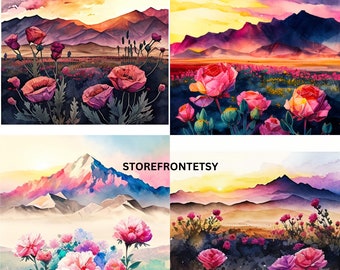 20 AQUAREL ROSE VELD bloemen clipart zon opkomst zonsondergang bergen, commercieel gebruik, instant download, png-formaat