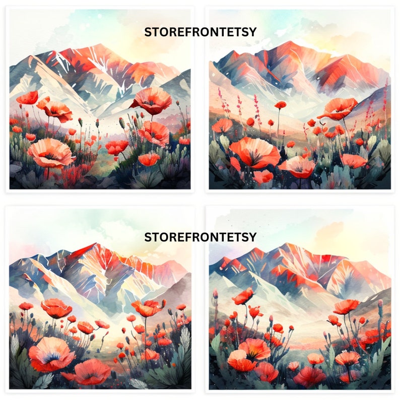 Op de afbeelding: Vier aquarelprints met berglandschappen met rode klaprozen op de voorgrond. De bergen zijn geschilderd in tinten rood, oranje en paars. De tekst "STOREFRONTETSY" is zichtbaar op elke print.