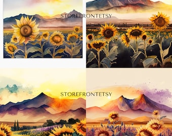 20 AQUAREL ZONNEBLOEM VELD clipart zon opkomst zonsondergang bergen, commercieel gebruik, instant download, png-formaat