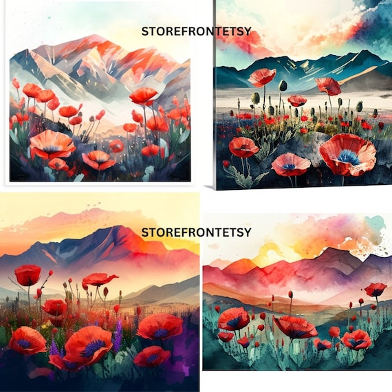 20 WATERCOLOR POPPY FIELD clipart sun rise sunset mountains, commercial use, instant download, png format