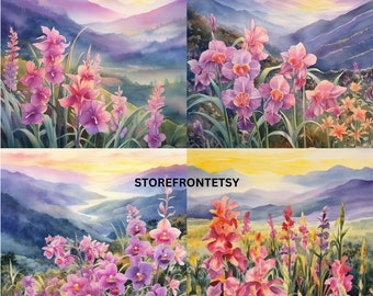 20 AQUAREL ORCHIDEE VELD bloemen clipart zon opkomst zonsondergang bergen, commercieel gebruik, instant download, png-formaat