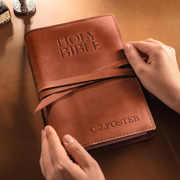 Personalized HOLY BIBLE Cover, Leather Bible Case with Name, Christian Gift with Pen Holder, Baptism Christmas Gift