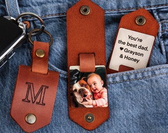 First Time Dad Gift - Personalized Leather Picture Keychain, 1st Fathers Day Gift