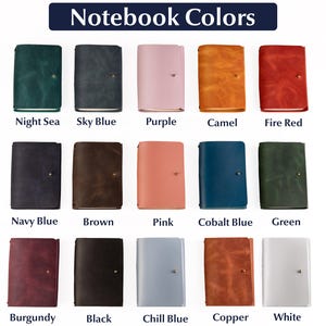 Pu&ograve; includere: Una collezione di quaderni rilegati in pelle in vari colori, tra cui Night Sea, Sky Blue, Purple, Camel e Fire Red. I quaderni hanno una chiusura a bottone e sono etichettati con i rispettivi nomi dei colori. Il testo "Notebook Colors" &egrave; in alto.