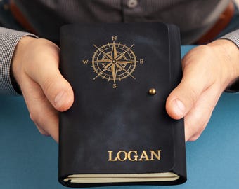 Large Leather Journal with Embossed Compass, Embossed Leather Journal, Personalized Gift