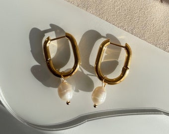 Gold Plated Pearl Dangle Hoop Earrings • 18K PVD Oval Hoop Drop Earrings • Minimalist Everyday Dainty Earrings • Freshwater Pearl