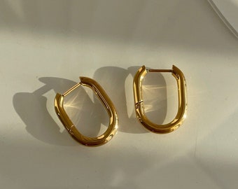 18K PVD Gold Plated Oval Hoop Earrings • Minimalist Everyday Basic Hoop • U Shape Hoops • Tarnish Free Waterproof Jewellery
