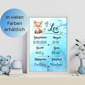 GEBURTSTAFEL Fuchs , Geburtsdaten Poster Geburt , Geburtsposter , Geburtsanzeige Baby , Poster oder Datei , personalisiertes Geschenk Geburt