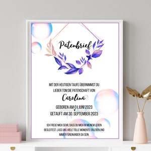 Patenbrief Taufe "Blumenranke" / Geschenk vom Patenkind personalisiert /Patenurkunde Mädchen* PDF Datei oder Druck / A3 /A4 /A5 /20x30