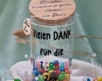 Personalisiertes Vorratsglas mit Holzdeckel / Geschenkidee Erzieher / Dankeschön Abschiedsgeschenk / personalisierter Anhänger / Geschenk