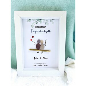 May include: A white frame with a white mat and a white background. The background has a green watercolor design. The text "Alles Liebe zur Papierhochzeit" is printed in black. Below the text is a small pebble art design of a couple with balloons and a glass of champagne. The text "Julia & Simon" is printed in black below the pebble art. The text "wedding day" is printed in black below the names. The text "1 Jahr * 12 Monate * 365 Tage" is printed in black below the text "wedding day".