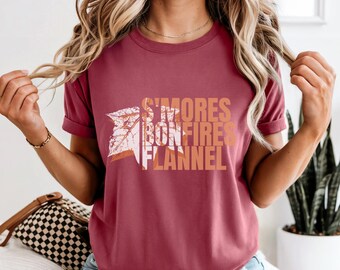 Camiseta de manga larga con estampado de hojas de franela y hoguera de S'mores otoñales para mujer, colores cómodos