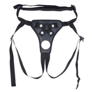 May include: Black leather harness with adjustable straps and a metal ring. The harness has a D-ring on the front and a buckle on the back.