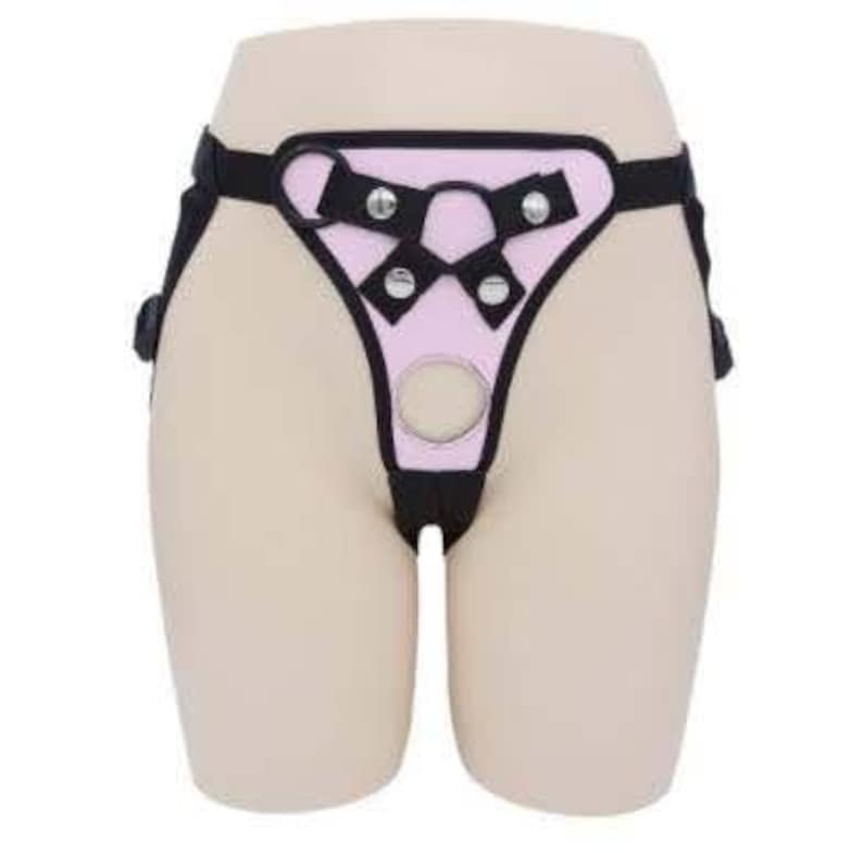 May include: Pink and black adjustable harness with metal rings and straps.