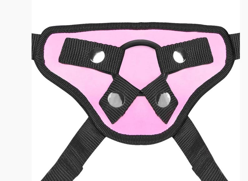 May include: Pink padded harness with black straps and metal rings. The harness has a D-ring in the center.