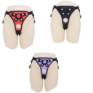 May include: Three different colored harnesses with adjustable straps and buckles. The harnesses are made of black fabric with a contrasting color panel in the front. The colors are red, purple, and black.