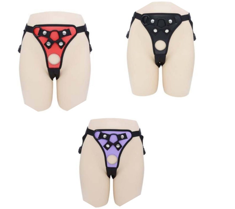 May include: Three different colored harnesses with adjustable straps and buckles. The harnesses are made of black fabric with a contrasting color panel in the front. The colors are red, purple, and black.
