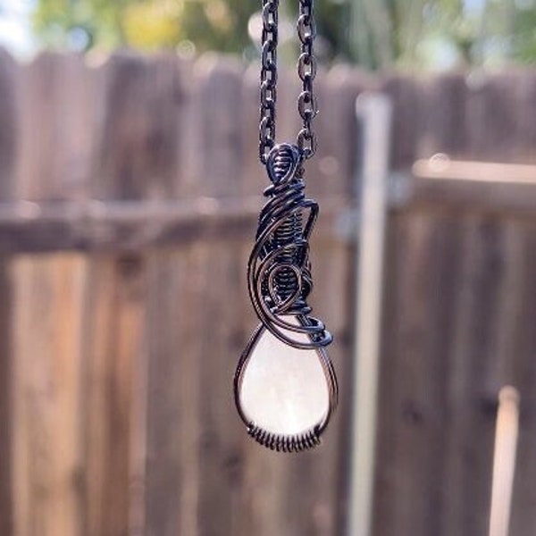 Wire Wrapped Moonstone Pendant / Handmade Jewelry Gift / Healing Crystal Necklace in Black / Mini Elegant Moonstone Pear Shape