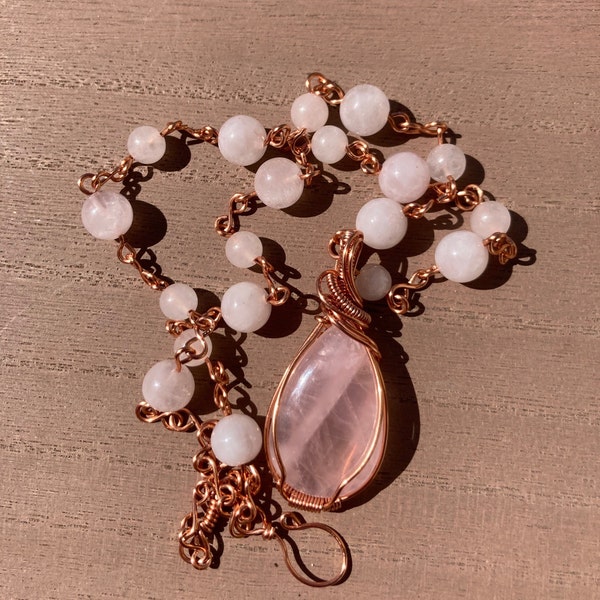 Wire Wrapped Rose Quartz Pendant / Handmade Jewelry Gift / Healing Pink Crystal Necklace in Copper / Stone of Love / Rose Quartz Bead