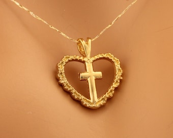 10K Solid Gold CROSS in a HEART Pendant, Religious Christian Catholic Jewelry, Made to Order in Canada (Ve#50)