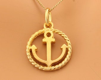 10K Solid Gold Ships Anchor in Rope Circle Pendant, Christian Symbol of Hope, Navy Nautical, Jewelry Made to Order in Canada (Ve#29)