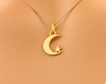 10K Solid Gold CRESCENT MOON and STAR Pendant, Made to Order in Canada (Ve#31)