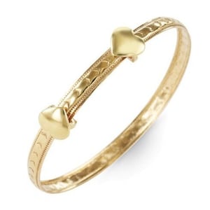 10K Solid Gold Adjustable Baby Bangle with 2 Heart Charms, Baby Jewelry, Gift for Infant, Toddler (Eh#232)