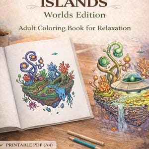 May include: An open adult coloring book titled "Isometric Floating Islands, Worlds Edition" with detailed fantasy island illustrations. The book is accompanied by pencils and features text: "Printable PDF (A4), Explore fantasy floating islands, Highly detailed line art, Relaxing & imaginative coloring."